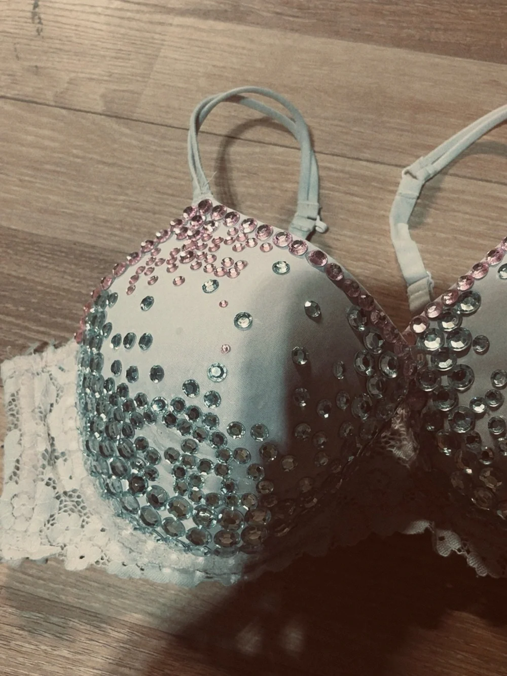 Lace Push-Up Bra with Pink and Silver Rhinestone Accents